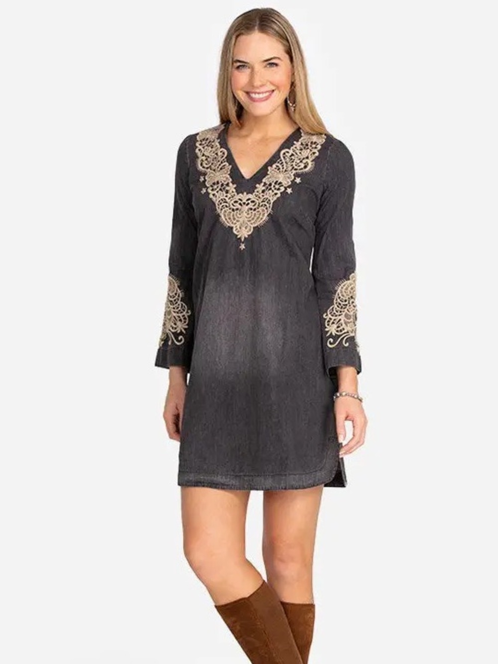Johnny Was Neema Tunic Dress Black Gray Embroidered Size XL NWT
